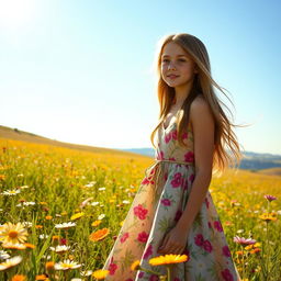 A beautiful girl with long flowing hair, wearing a stunning floral dress, standing in a sun-drenched meadow filled with wildflowers