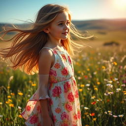 A beautiful girl with long flowing hair, wearing a stunning floral dress, standing in a sun-drenched meadow filled with wildflowers