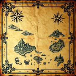 A vintage treasure map, aged and weathered, featuring detailed illustrations of fantastical landscapes including mountains, rivers, forests, and islands