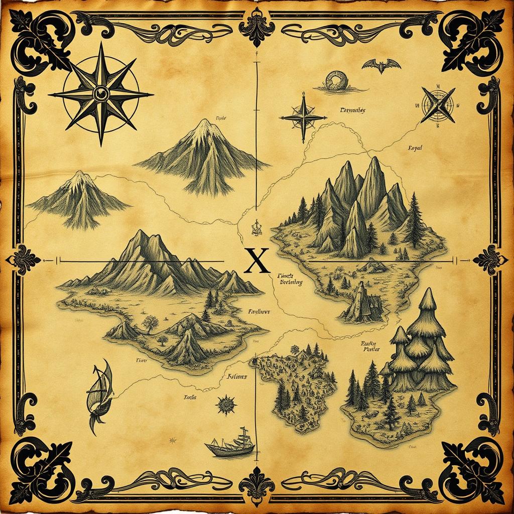 A vintage treasure map, aged and weathered, featuring detailed illustrations of fantastical landscapes including mountains, rivers, forests, and islands