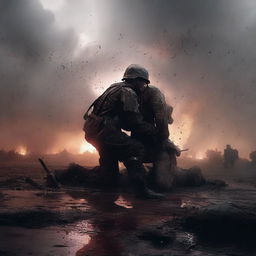 A high-quality digital art image illustrating a soldier lifting a fallen comrade amidst the chaos of a battlefield