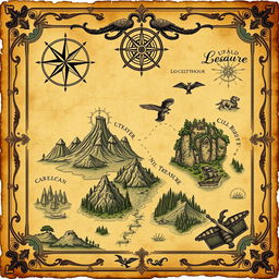 A vintage treasure map, aged and weathered, featuring detailed illustrations of fantastical landscapes including mountains, rivers, forests, and islands