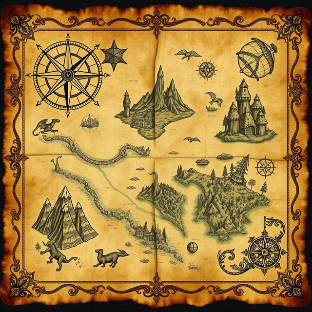 A vintage treasure map, aged and weathered, featuring detailed illustrations of fantastical landscapes including mountains, rivers, forests, and islands