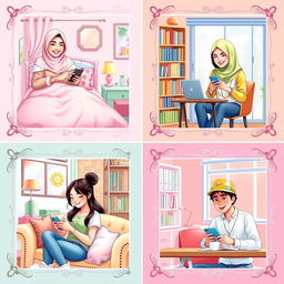 A colorful digital art scene depicting five university students, each in their own unique locations, busy texting on their phones, all harmonized by a pastel color theme