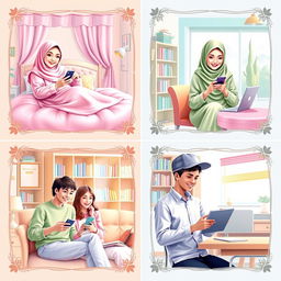 A colorful digital art scene depicting five university students, each in their own unique locations, busy texting on their phones, all harmonized by a pastel color theme