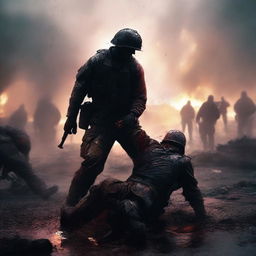 A high-quality digital art image illustrating a soldier lifting a fallen comrade amidst the chaos of a battlefield