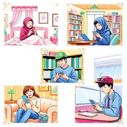 A colorful digital art scene depicting five university students, each in their own unique locations, busy texting on their phones, all harmonized by a pastel color theme