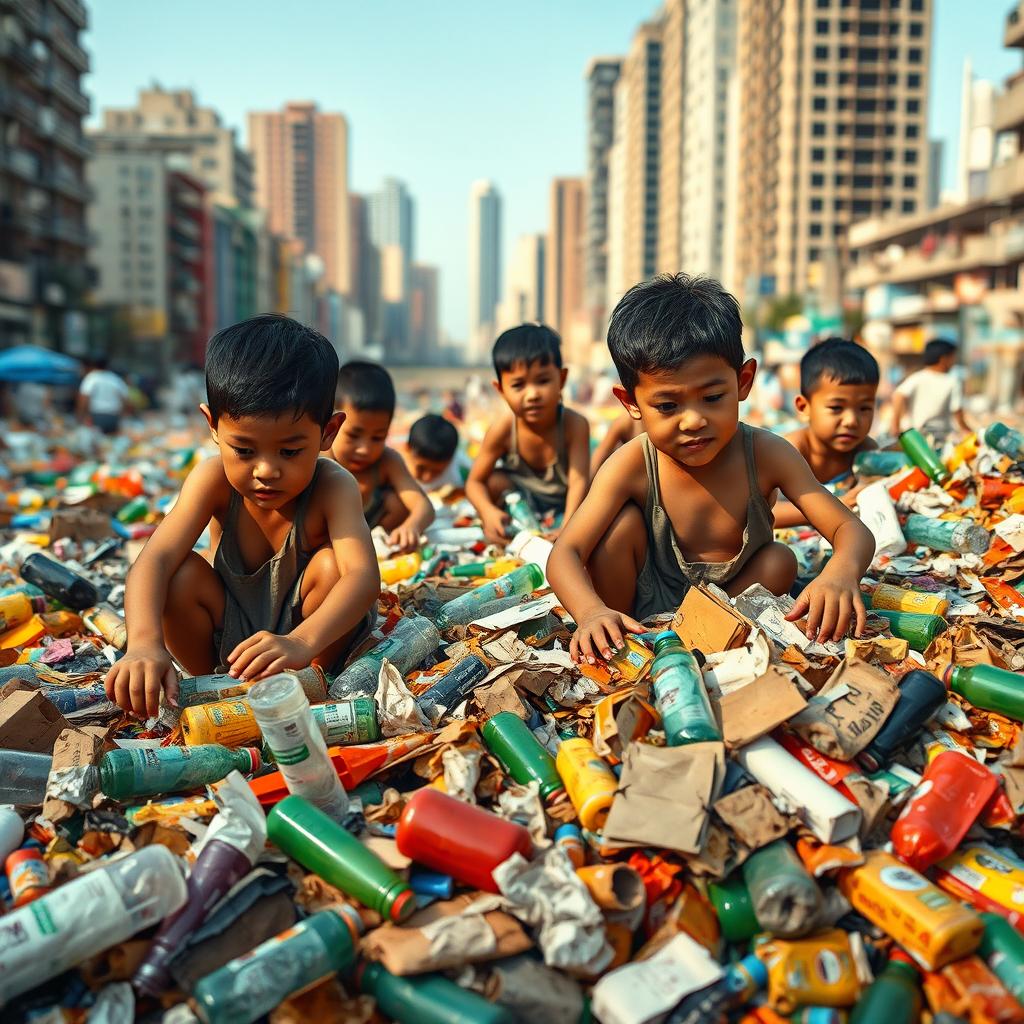 A poignant scene depicting Filipino children scavenging through colorful garbage piles in an urban environment