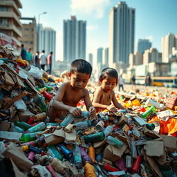 A poignant scene depicting Filipino children scavenging through colorful garbage piles in an urban environment