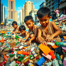 A poignant scene depicting Filipino children scavenging through colorful garbage piles in an urban environment