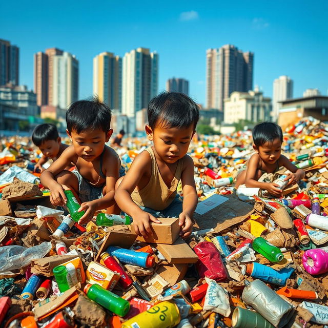 A poignant scene depicting Filipino children scavenging through colorful garbage piles in an urban environment