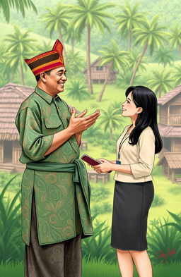 A charming scene depicting a traditional village chief (jawara kampung) dressed in traditional attire engaging in a warm and friendly conversation with a modern office girl