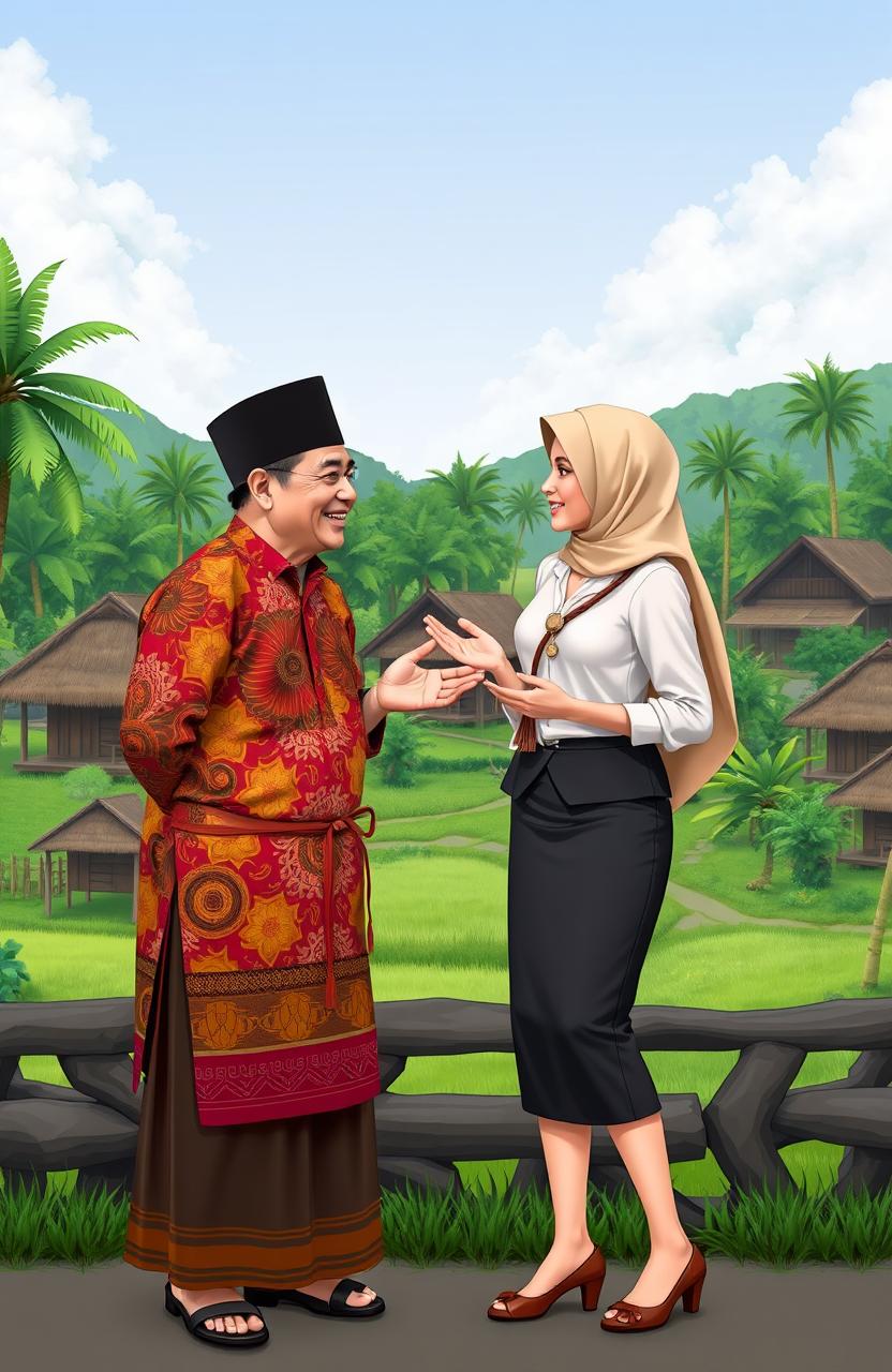 A charming scene depicting a traditional village chief (jawara kampung) dressed in traditional attire engaging in a warm and friendly conversation with a modern office girl