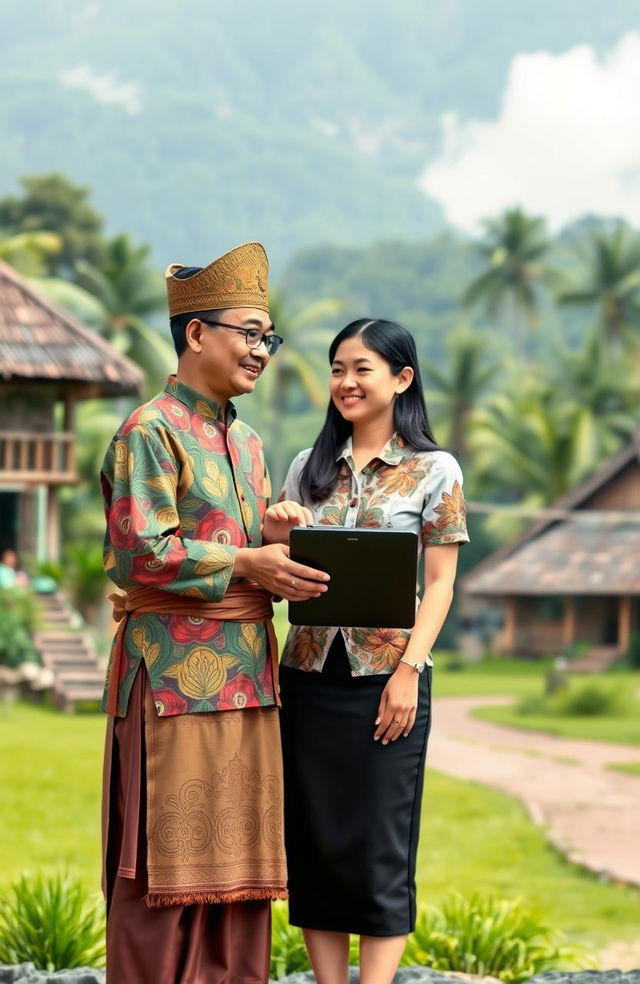 A charming scene depicting a traditional village chief (jawara kampung) dressed in traditional attire engaging in a warm and friendly conversation with a modern office girl
