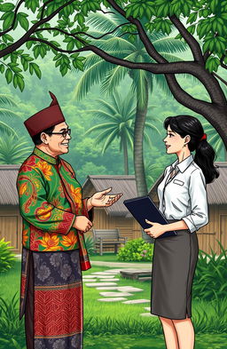 A charming scene depicting a traditional village chief (jawara kampung) dressed in traditional attire engaging in a warm and friendly conversation with a modern office girl