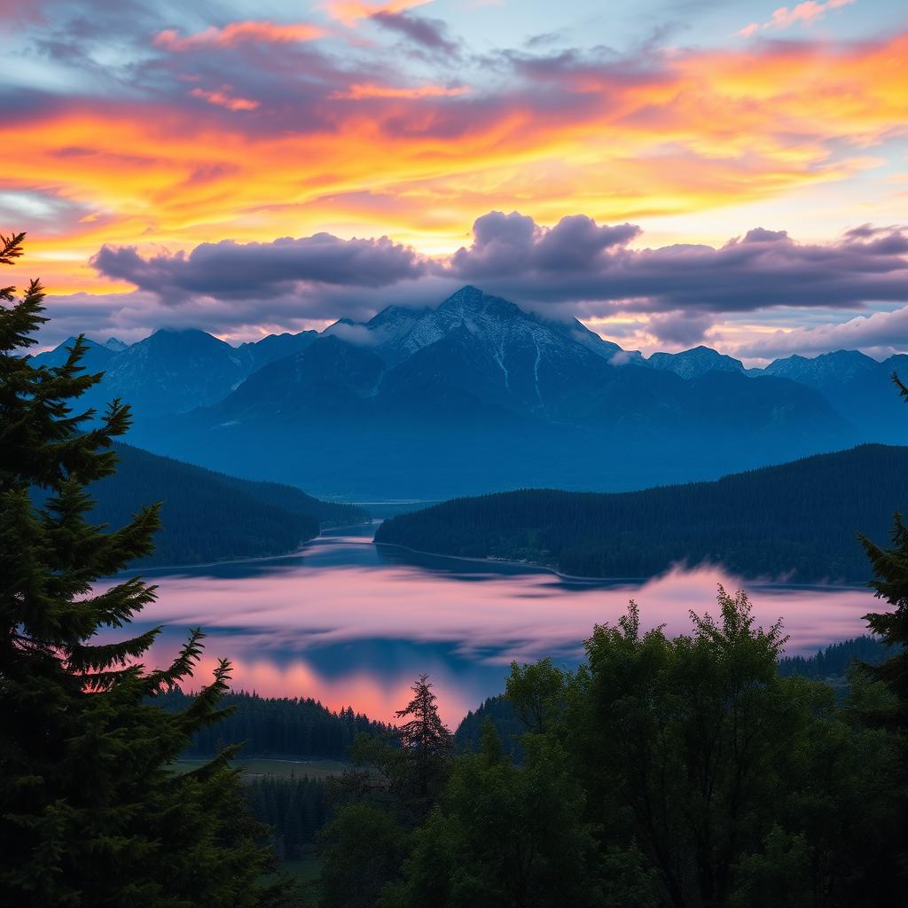 A breathtaking view of a stunning sunrise over a majestic mountain range, with vibrant colors of orange, pink, and purple reflected on the clouds