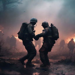 A high-quality digital art image illustrating a soldier lifting a fallen comrade amidst the chaos of a battlefield