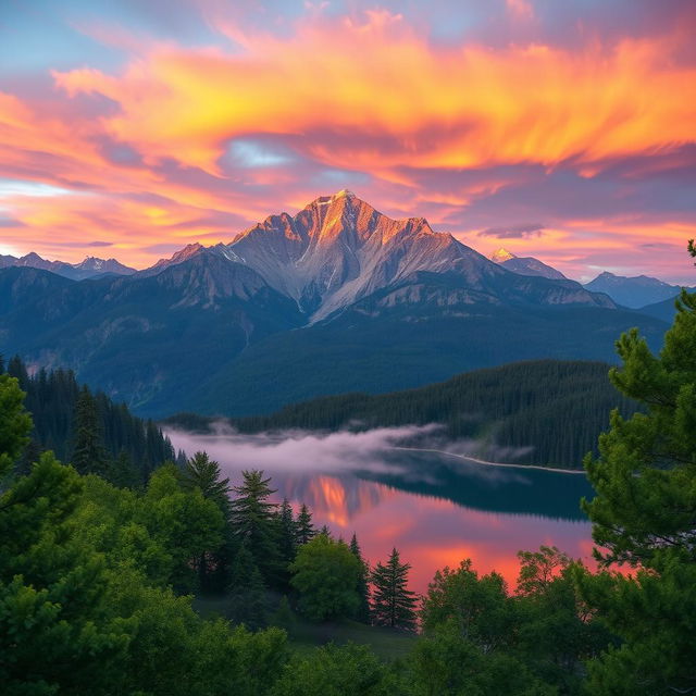 A breathtaking view of a stunning sunrise over a majestic mountain range, with vibrant colors of orange, pink, and purple reflected on the clouds