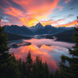 A breathtaking view of a stunning sunrise over a majestic mountain range, with vibrant colors of orange, pink, and purple reflected on the clouds