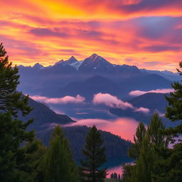 A breathtaking view of a stunning sunrise over a majestic mountain range, with vibrant colors of orange, pink, and purple reflected on the clouds