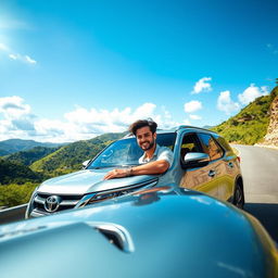 A handsome man driving a luxurious Toyota Fortuner car, framed within a scenic landscape