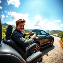 A handsome man driving a luxurious Toyota Fortuner car, framed within a scenic landscape