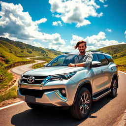 A handsome man driving a luxurious Toyota Fortuner car, framed within a scenic landscape