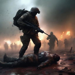 A high-quality digital art image illustrating a soldier lifting a fallen comrade amidst the chaos of a battlefield