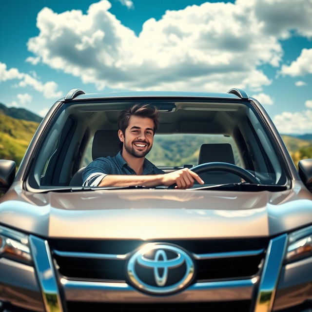 A handsome man driving a luxurious Toyota Fortuner car, framed within a scenic landscape