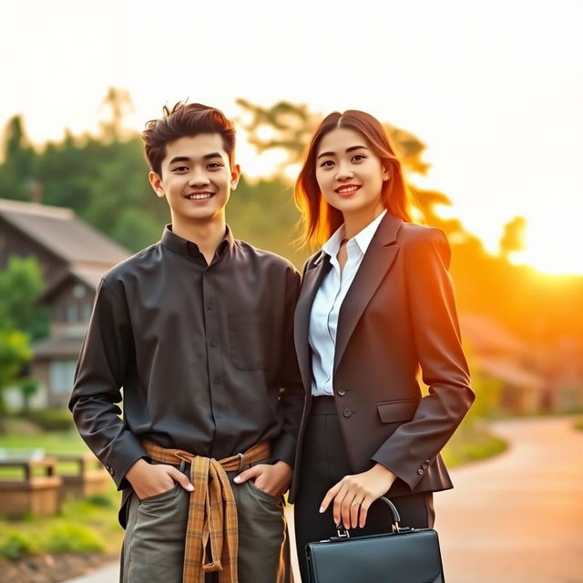 A village young man and an office girl in a romantic scene