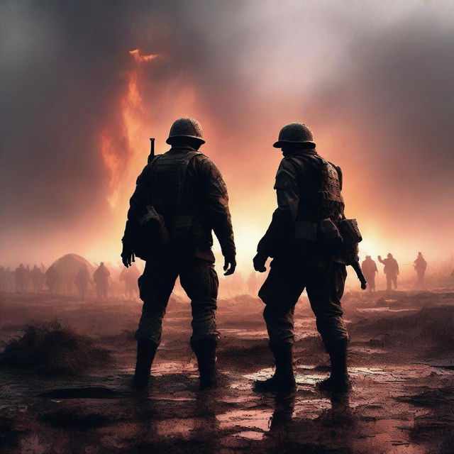 A high-quality digital art image showing a soldier aiding another soldier to stand up amidst a battlefield