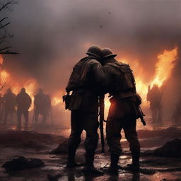 A high-quality digital art image showing a soldier aiding another soldier to stand up amidst a battlefield