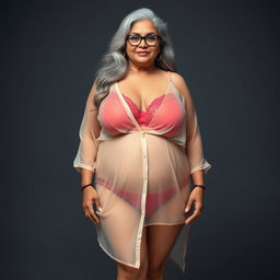 An alluring full-body view of a 60-year-old Indian plus-size woman, exuding confidence and sensuality