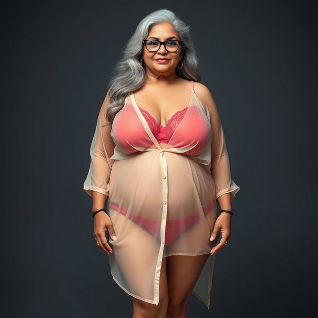 An alluring full-body view of a 60-year-old Indian plus-size woman, exuding confidence and sensuality