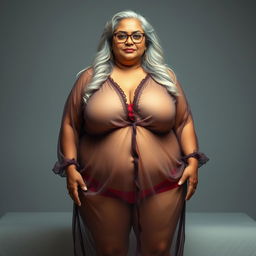 An alluring full-body view of a 60-year-old Indian plus-size woman, exuding confidence and sensuality