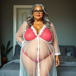 An alluring full-body view of a 60-year-old Indian plus-size woman, exuding confidence and sensuality