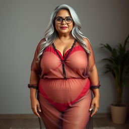 An alluring full-body view of a 60-year-old Indian plus-size woman, exuding confidence and sensuality