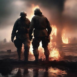 A high-quality digital art image showing a soldier aiding another soldier to stand up amidst a battlefield