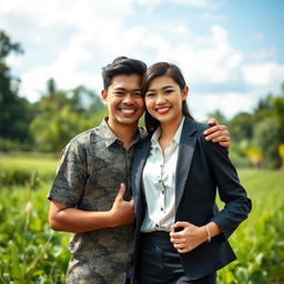 A young village man embracing a city girl, both smiling joyfully in a scenic outdoor setting