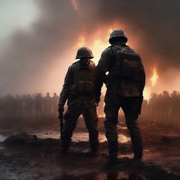 A high-quality digital art image showing a soldier aiding another soldier to stand up amidst a battlefield