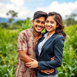 A young village man embracing a city girl, both smiling joyfully in a scenic outdoor setting