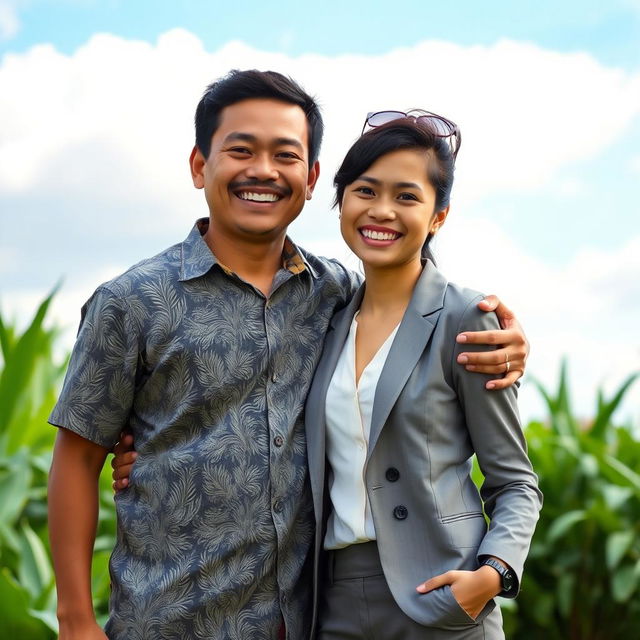 A young village man embracing a city girl, both smiling joyfully in a scenic outdoor setting