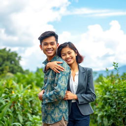 A young village man embracing a city girl, both smiling joyfully in a scenic outdoor setting