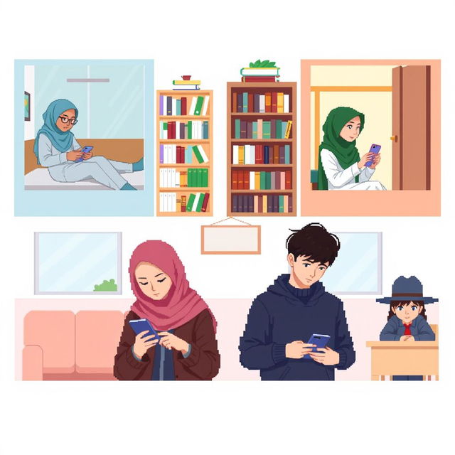 A scene featuring five university students, each in a different setting: two students in separate bedrooms, one student in a library, another in a cozy living room, and one student in a classroom