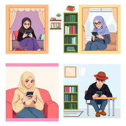 A scene featuring five university students, each in a different setting: two students in separate bedrooms, one student in a library, another in a cozy living room, and one student in a classroom