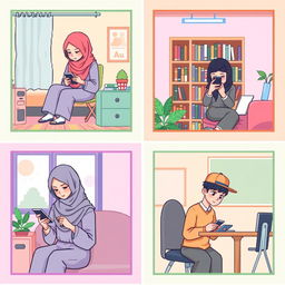 A scene featuring five university students, each in a different setting: two students in separate bedrooms, one student in a library, another in a cozy living room, and one student in a classroom