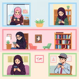 A scene featuring five university students, each in a different setting: two students in separate bedrooms, one student in a library, another in a cozy living room, and one student in a classroom