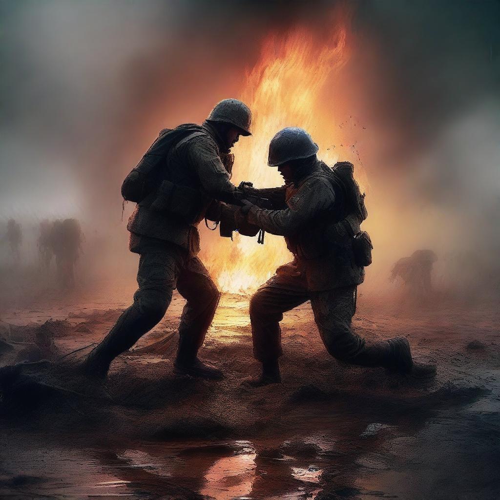 A high-quality digital art image depicting a soldier helping another soldier to stand up amidst a battlefield