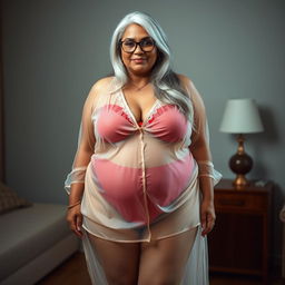 An alluring full-body view of a 60-year-old Indian plus-size woman, beautifully embracing her curves