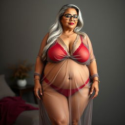 An alluring full-body view of a 60-year-old Indian plus-size woman, beautifully embracing her curves